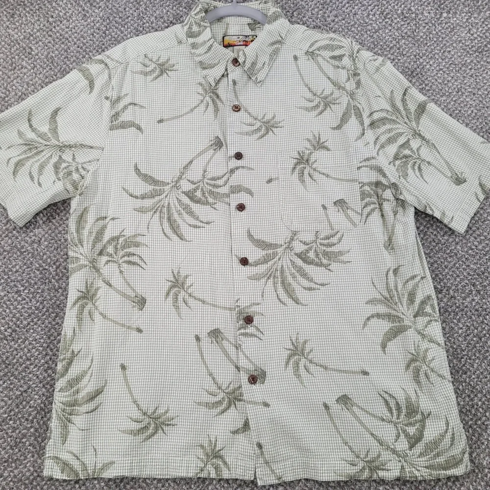 Havana Jacks Mens Large Green Gingham Palm Tree Tropical Cotton Button Shirt